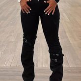 Stretchy Cargo Denim Jeans - Flattering Plain Black Color, Side Flap Pocket, Comfortable Garter Decor, High-Waisted, Relaxed Fit, Women's Denim Pants & Clothing for Everyday Wear