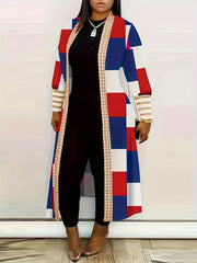 Long Sleeve Colorblock Geometric Print Casual Open Front Cardigan, Women's Clothing