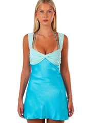 Patchwork Sleeveless Sexy Mini Dress For Women Robe Satin Strapless Backless Lace-up High Waist A-line Club Dress