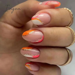 24pcs Short Almond False Nails Flower Pattern Oval Fake Nails Press on Nails Full Cover Wearable Manicure Acrylic Nail Tips