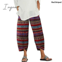 Ingvn - Vintage Harem Pants Women Casual Loose Printed Elastic Waist Cotton Linen Wide Leg Pants Summer Irregular Pantalon Cropped Pants