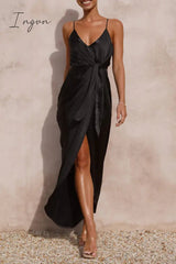Ingvn - Sexy Solid Frenulum Fold V Neck Sling Dress Dresses