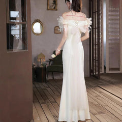 Beige white light luxury fairy evening dress new line shoulder waist fish tail banquet evening dress