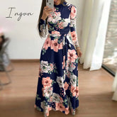 Ingvn - Flower Print Long Sleeve Maxi Dress Spring Autumn Casual Slim Sashes Long Dress Women Elegant Robe Party Dresses Plus Size S-5XL