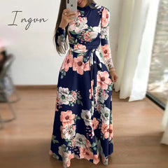 Ingvn - Flower Print Long Sleeve Maxi Dress Spring Autumn Casual Slim Sashes Long Dress Women Elegant Robe Party Dresses Plus Size S-5XL