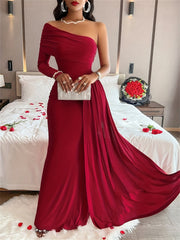 Elegant Oblique-Shoulder Long Sleeve Formal Wedding Guest Dress Maxi Dress