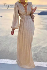 Ingvn - Fashion Elegant Solid Patchwork Fold V Neck Evening Dress Dresses(4 Colors)