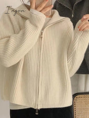 Ingvn - Deeptown Casual Knitted Cardigan Sweaters Women Autumn Vintage Zip-up Solid Loose Long Sleeve Tops Knitwear Chic Kpop