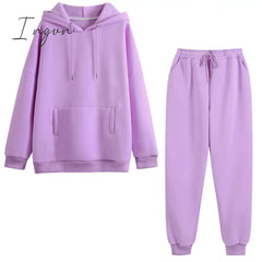 Ingvn - Autumn Hoodies Women Two Piece Set Solid Fleece Oversized Tracksuits Winter Thick Warm Hooded Sweatshirt Jogger Pants Suit