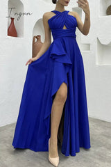 Ingvn - Elegant Formal Solid Slit Asymmetrical Halter Evening Dress Dresses
