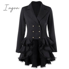 Ingvn - Trench Coat Women's Aaymmetric Lace Hem Tops Steampunk Victorian Swallow Tail Trench Coat Double-Breasted Female Thin Outwear