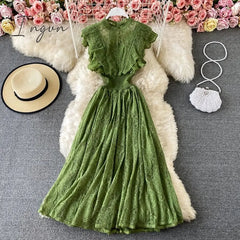Ingvn - Vintage Purple/Green/Red Lace Midi Dress Women Sweet Round Neck Ruffle Vestidos Female High Waist Slim Robe Spring Autumn