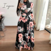 Ingvn - Flower Print Long Sleeve Maxi Dress Spring Autumn Casual Slim Sashes Long Dress Women Elegant Robe Party Dresses Plus Size S-5XL
