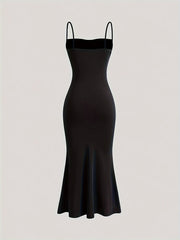 Sexy Fit and Flare Mermaid Hem Dress - Spaghetti Strap, Micro Elasticity, Ruched Front, Solid Color, Polyester, Machine Washable - Perfect for Summer and Spring, Womens Clothing