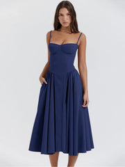 Elegant Women Dress Spaghetti Strap A-line Loose Midi Dresses Female Sleeveless Backless French Retro Long Dress