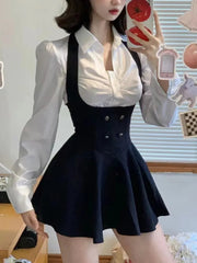 Voguable Y2K 3 Piece Set Women Cropped Coat + Long Sleeve Shirt + High Waist Halter Ruffles Mini Dress Korean Chic Fashion Sexy Outfits