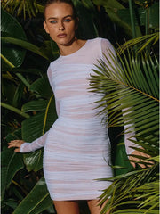 Ingvn - Autumn Long Sleeve Bodyc Mini Dress Women Stretch Mesh O Neck Ruched Dresses Sheer Backless Skinny Sexy Party Dress