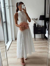 Ingvn - Sleeveless Hollow Out White Belt Long Dress High Waist X-shaped Half High Collar Dress Elegant Office Lady Lace Midi Dresses