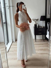 Ingvn - Hollow Out White Belt Sleeveless Long Dress X-shaped High Waist Half High Collar Dress Elegant Fashion Female Lace Midi Dresses