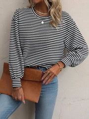 Striped Round Neck Lantern Sleeve Top