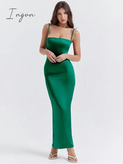 Ingvn - Elegant Women Part Dress Thickened Satin Fabric Spaghetti Strap Sleeveless Backless Bodycon Sexy Club Long Dress 2023