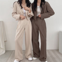 Korean Style Office Lady Blazer Sets Autumn Loose 2 Two Piece Set Women Long Sleeve Short Suit Coat + Straight Suit Pants Suits
