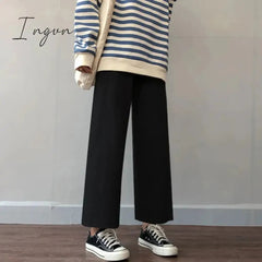 Ingvn - Cusual Pants Women Spring Summer Ankle-length Loose Wide Leg Elastic High Waist Oversize Black Simple Comfortable Elegant Ladies