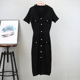 Summer French Style Gentle Style Tassel Knitted Short-sleeved Dress Women's V-neck Solid Color Elegant Slimming Mid-length Dress