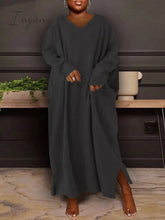 Ingvn - Women's Plus Size Casual Dress Solid Color V Neck Long Sleeve Winter Fall Basic Casual Maxi long Dress Daily Vacation Dress