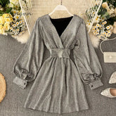 Ingvn - Spring Autumn Women's Bright Color Dress V-neck Lantern Sleeve Gold Bright Silk Lace Retro Dress Female Sexy Party Dress GD205