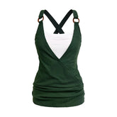 2025 Women's Tops Colorblock Textured Crossover Faux Twinset Tank Top O Ring Strap Ruched Long 2 in 1 Tank Top