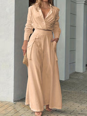 Two-piece Set, Long Sleeve Casual Matching Women's Clothing, Wide Leg Pants Outfits Blouse
