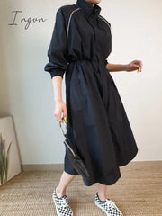 Ingvn - 2023 Autumn Long Sleeve Windbreaker Dress Korean Chic All-match Stand-up Collar Invisible Buckle Design Loose Vestidos