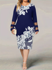 Plus Size Elegant Dress, Women's Plus Floral Print Contrast Mesh Bell Sleeve Round Neck Bodycon Midi Dress
