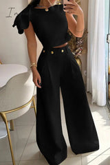 Ingvn - Celebrities Elegant Solid Buttons O Neck Short Sleeve Two Pieces