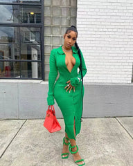 Ingvn - Womens Fashion Long Sleeve Knitted Button Midi Dress Turn Down Collar Slim Sexy Dresses Autumn Ribbed Robe Women Clothing Vestidos