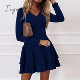 Ingvn - Sexy Women V neck Pleated Party Dress Spring Solid Casual Long Sleeve Loose Dress Elegant Autumn Office Lady Mini Dress Vestidos