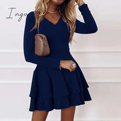 Ingvn - Sexy Women V neck Pleated Party Dress Spring Solid Casual Long Sleeve Loose Dress Elegant Autumn Office Lady Mini Dress Vestidos