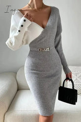 Ingvn - Casual Patchwork Contrast V Neck Long Sleeve Dresses