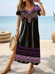 Plus Size Floral Print Vacation Dress with Stylish Slit - Lightweight Short Sleeve for Spring & Summer Getaways - Trendy Womens Plus Size Clothing