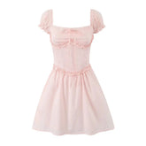 Women Sexy Elegant Pink Mini Dress Vintage Puff Sleeve Slim Low Waist Holiday Party Dresses Lacing Up Back Summer Robe