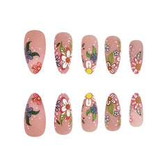 24pcs Spring/Summer Flowers Fake Nail Colorful flower Pattern False Nails Full Cover Wearable Sweet Korean Almond Press On Nails