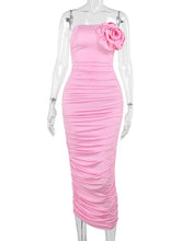 3D Flower Strapless Bodycon Maxi Dress For Women Fashion Off-shoulder Sleeveless Backless Ruched Club Party Sexy Dress