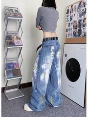 Ingvn Women's Personalized Graffiti Tie Dye Design Jeans Young Girl Denim Trousers Vintage Street Bottoms Female High Waisted Pants
