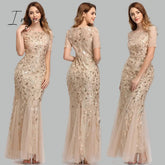Ingvn - Plus Size Evening Dresses Mermaid O Neck Short Sleeve Lace Appliques Tulle Long Party Gown Robe Soiree Sexy Formal Dress vestido