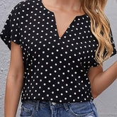 Women's Casual Fashion V-Neck Blouses - Polka Dot Print Short Sleeve Loose Fit Tops