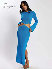 Ingvn - Autumn Long Sleeve Knit Maxi Dress Women O Neck Fake Two Piece Set Sweater Dresses Female Casual Bodycon Dress Knitwear