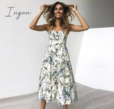Ingvn - Vintage Casual Sundress Female Beach Dress Midi Button Backless Polka Dot Striped Women Dress Summer Boho Sexy Floral Dress