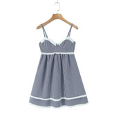 Women Lace Spliced Plaid Sling Mini Dress Sexy Sleeveless Back Lacing Up Ladies Party Skater Robe Summer Dresses