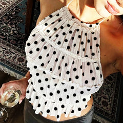 y2k Halter Tops Women Clothes Polkd Dot Print Lace Patchwork Ruffled Trim Sleeveless Backless Ruched T Shirt Streetwear